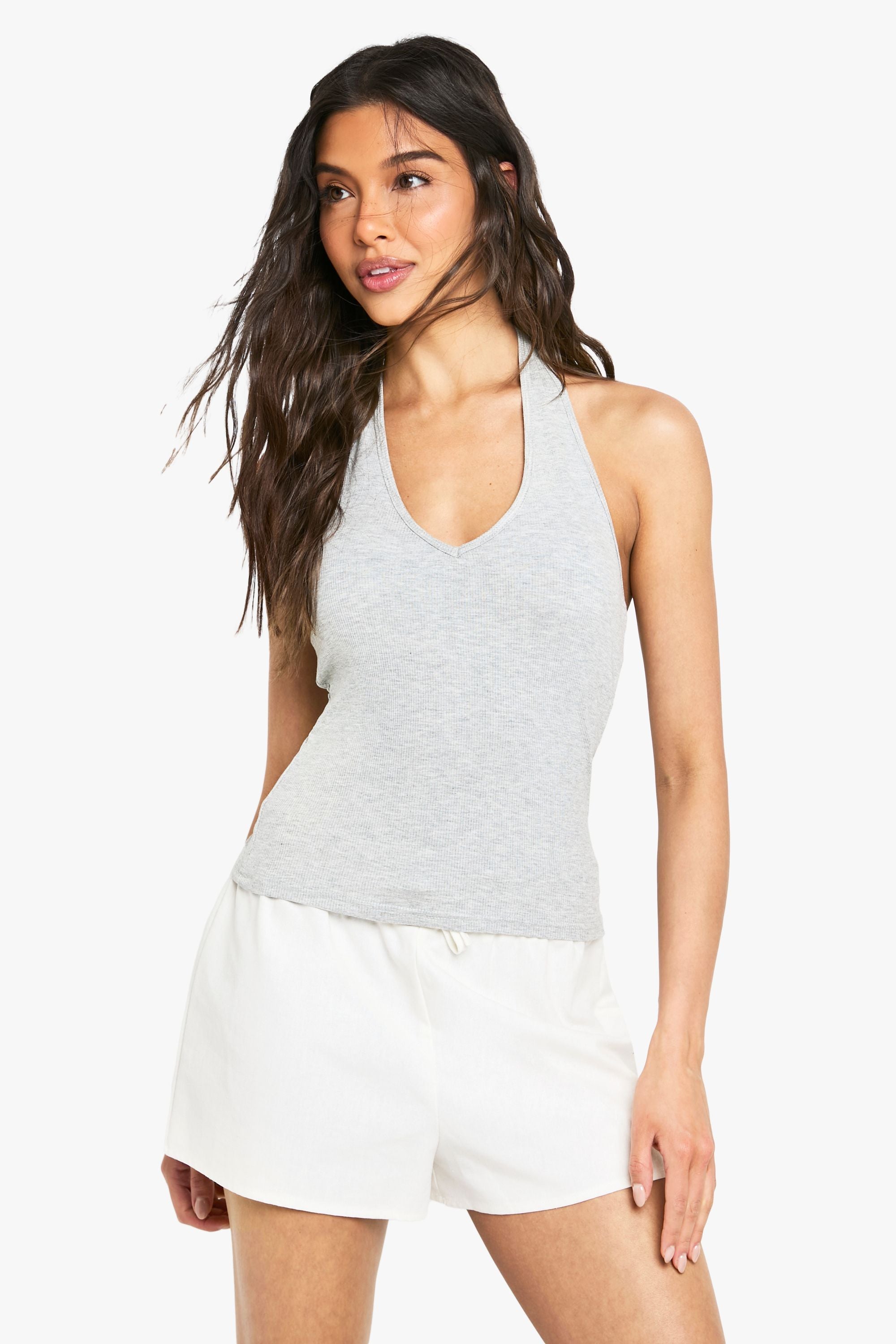 Built In Padded Soft Ribbed Plunge Halterneck Top