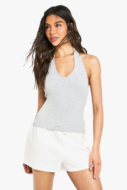 Built In Padded Soft Ribbed Plunge Halterneck Top