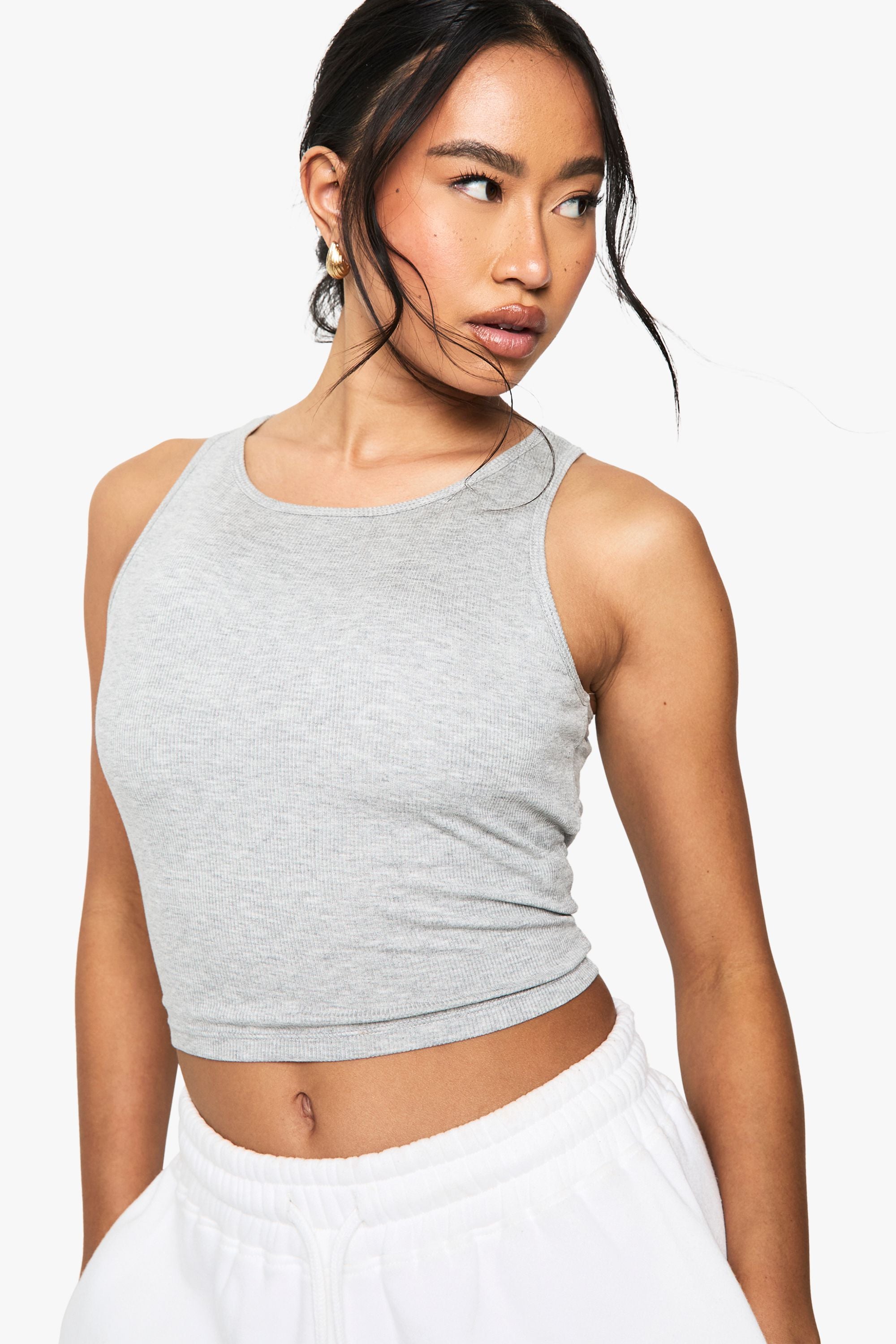Built In Padded Soft Ribbed Racer Neck Tank Top