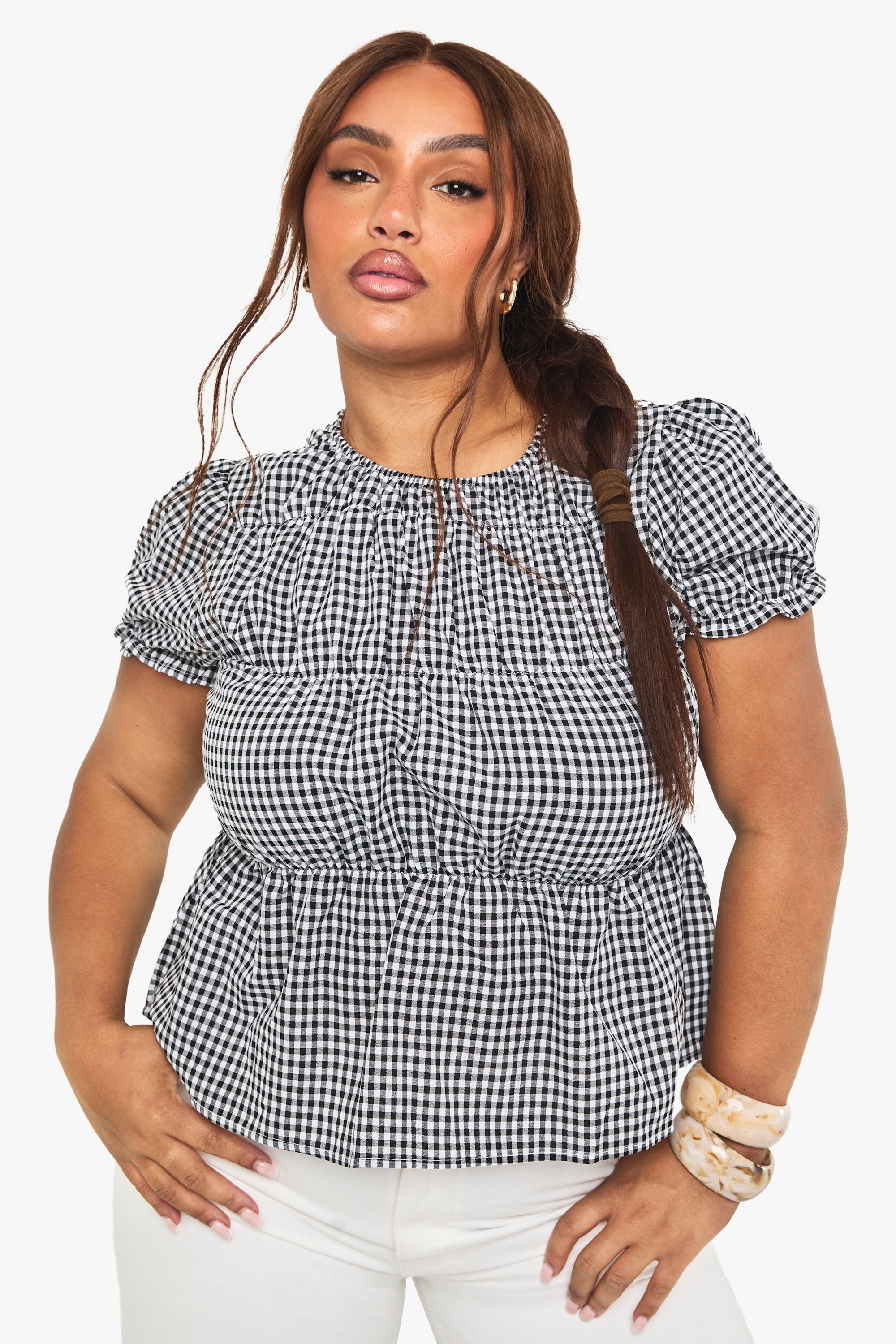 Plus Gingham Shirred Puff Sleeve Top