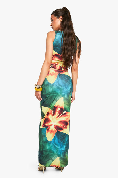 Floral Printed Mesh Column Maxi Skirt