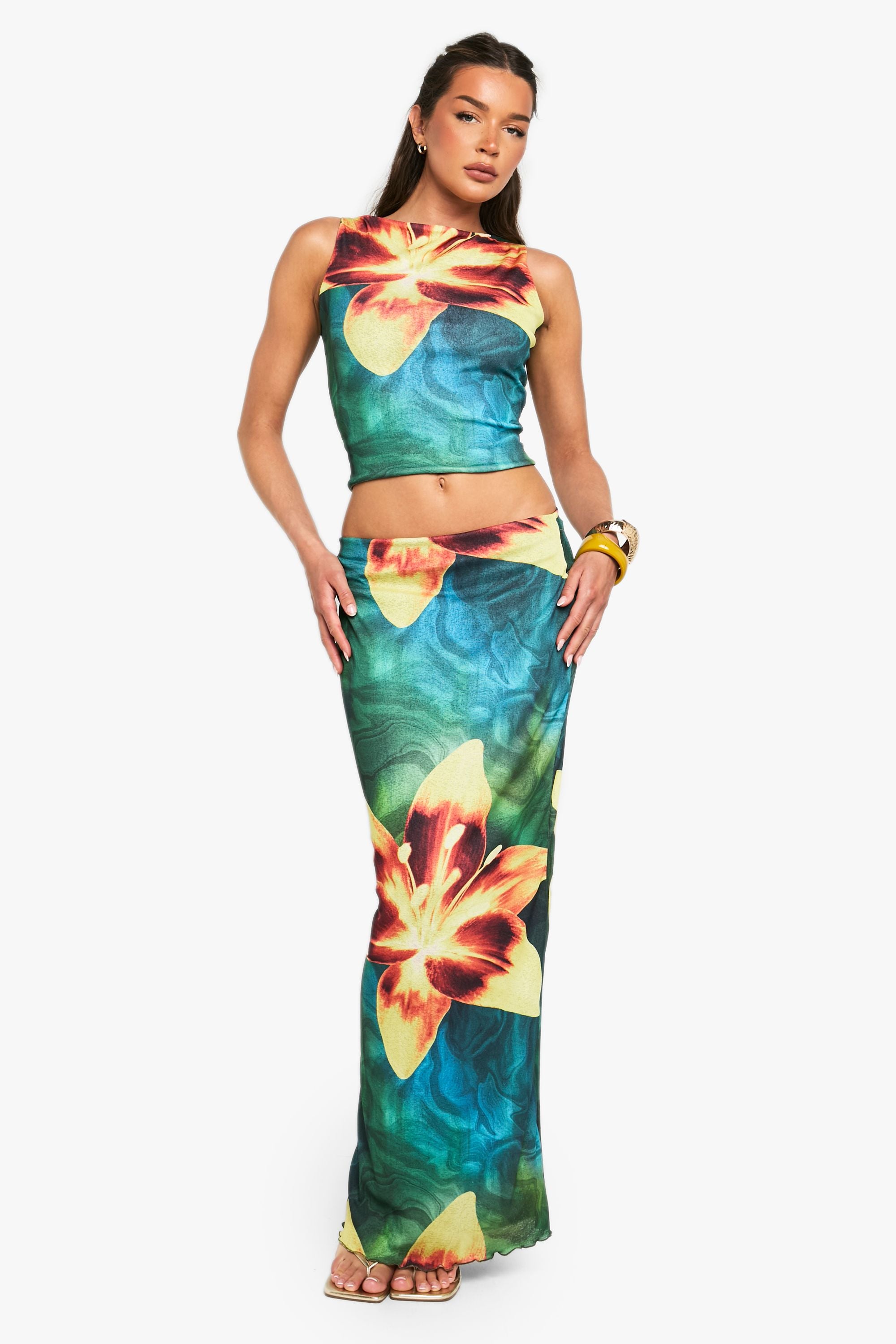 Floral Printed Mesh Column Maxi Skirt