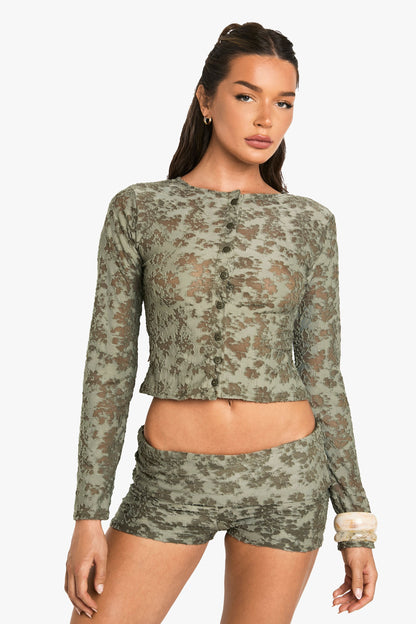 Floral Jacquard Button Through Long Sleeve Top