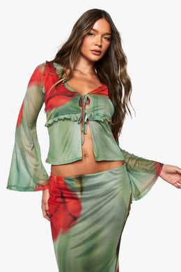 Floral Printed Mesh Tie Front Long Sleeve Top