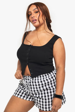 Plus Rib Button Through Square Neck Top