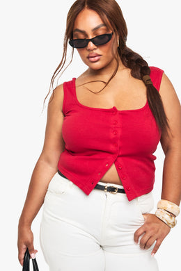 Plus Rib Button Through Square Neck Top
