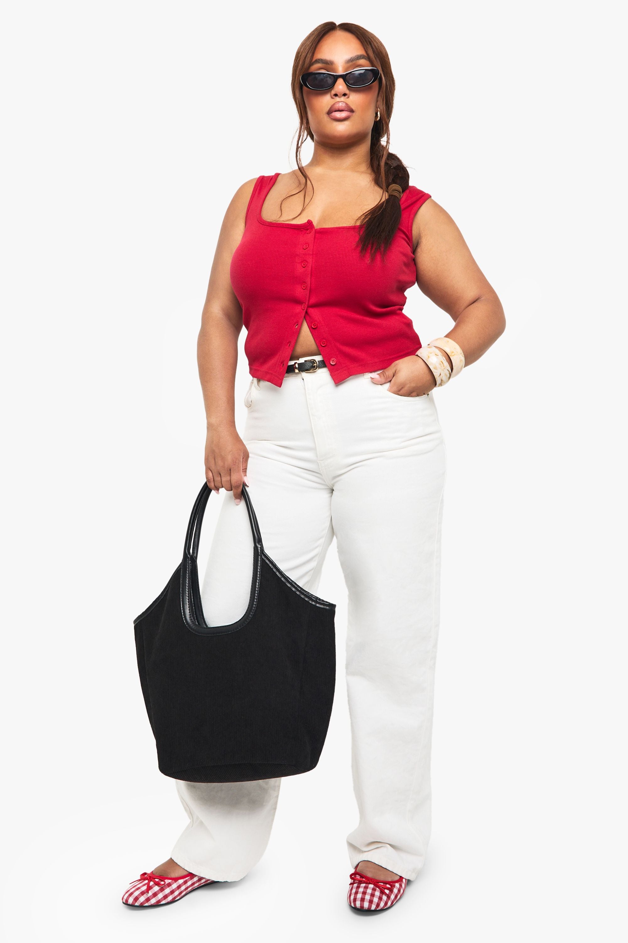 Plus Rib Button Through Square Neck Top