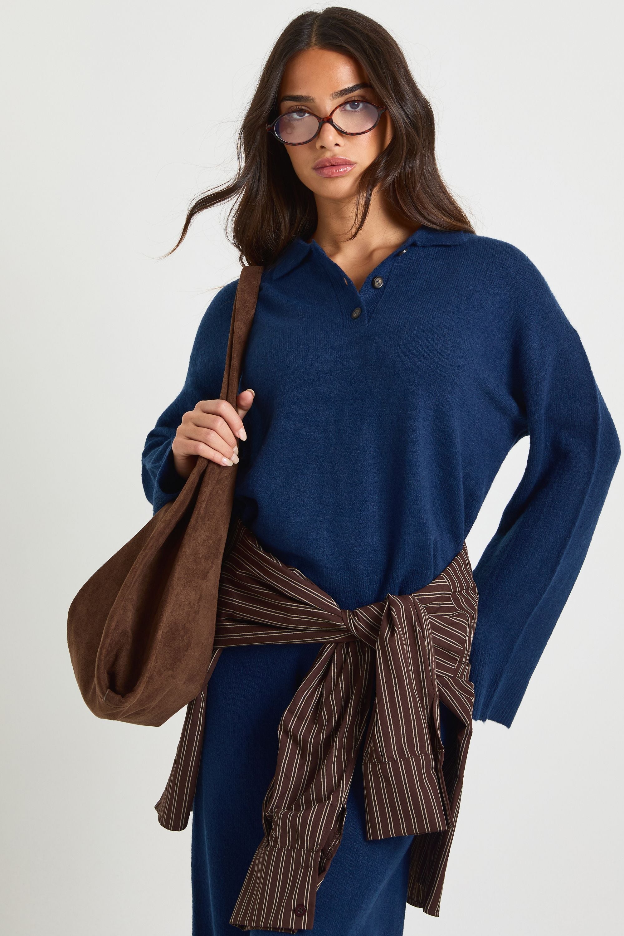 Petite Collared Button Down Oversized Knitted Jumper And Straight Leg Trouser Co-Ord