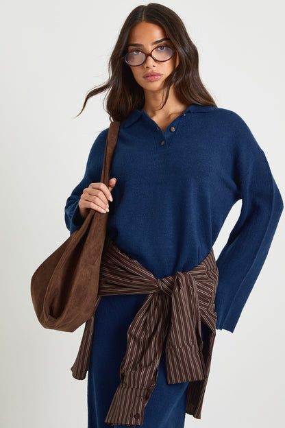 Petite Collared Button Down Oversized Knitted Jumper And Straight Leg Trouser Co-Ord