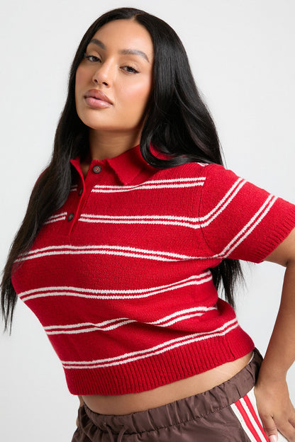 Plus Collar Detail Stripe Knit Top