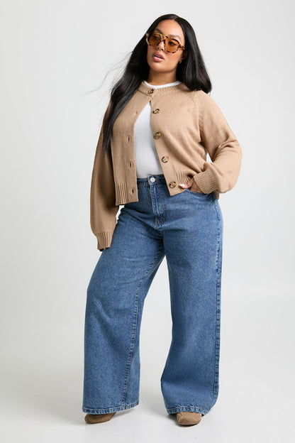 Plus Button Down Long Sleeve Crew Neck Cardigan
