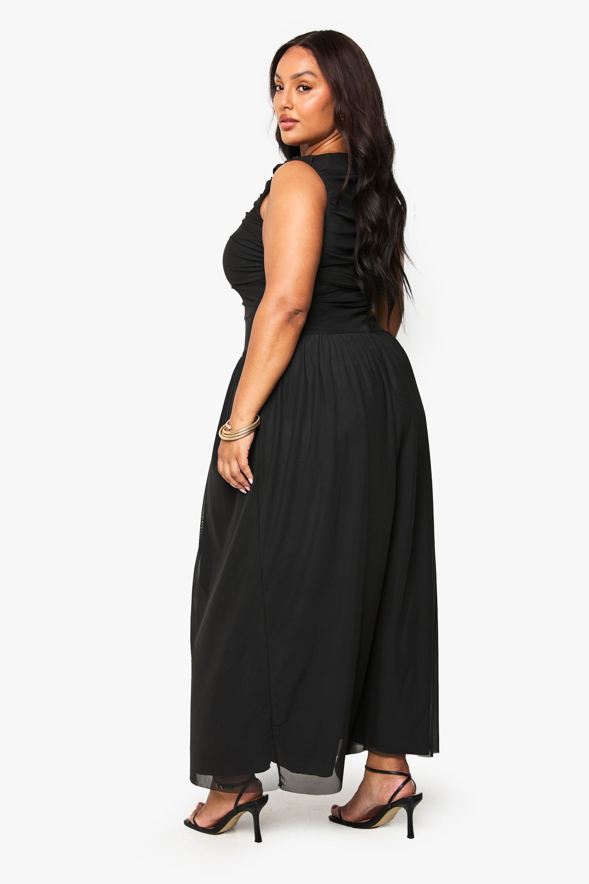 Plus Mesh Ruched Drop Hem Maxi Dress