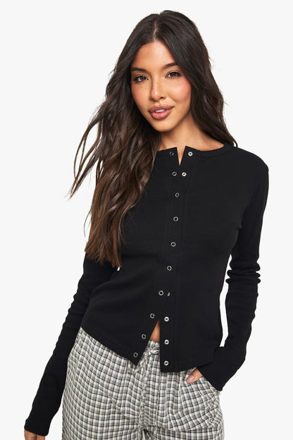 Rib Popper Front Long Sleeve Top