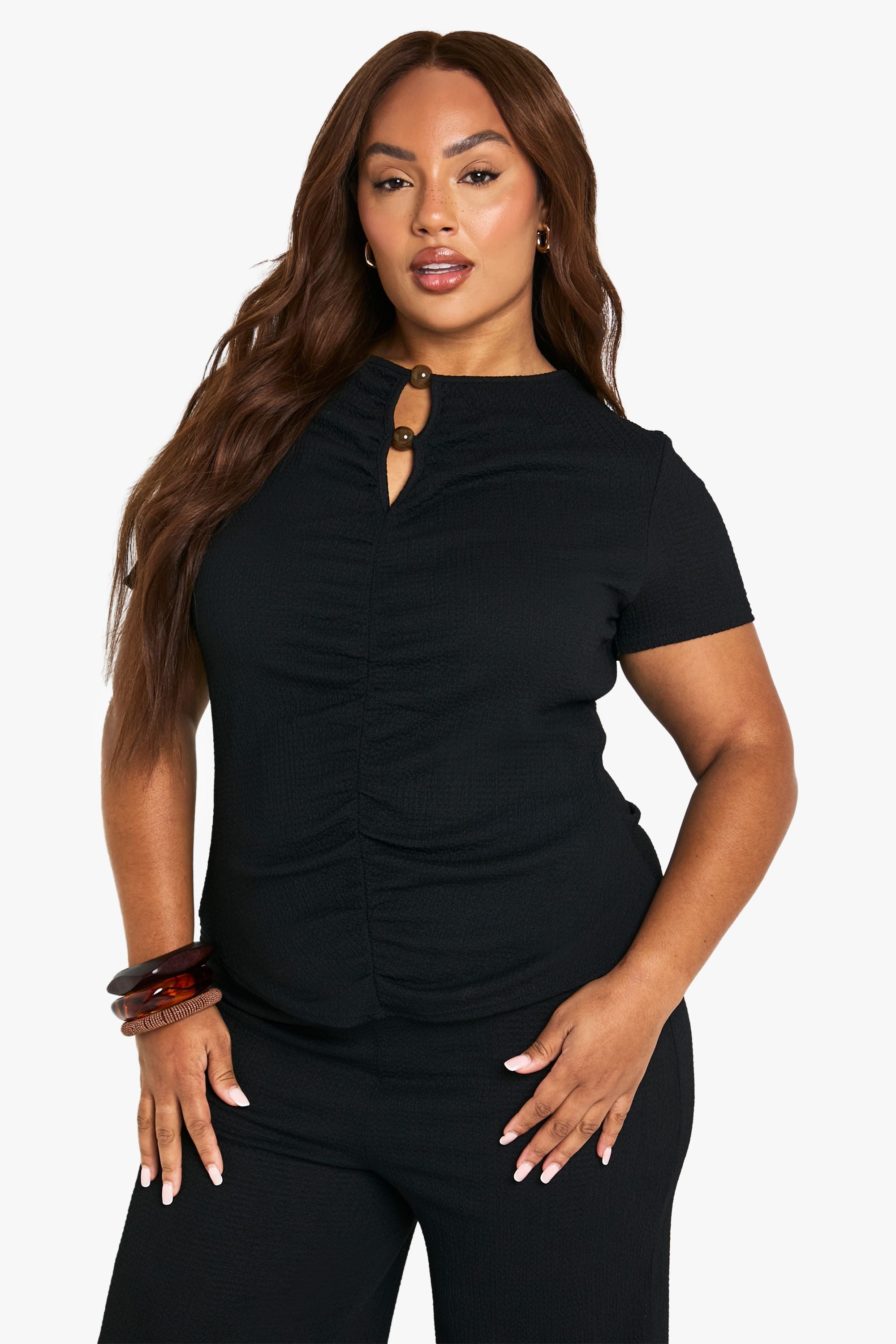 Plus Crinkle Button Sleeve Top