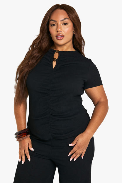 Plus Crinkle Button Sleeve Top