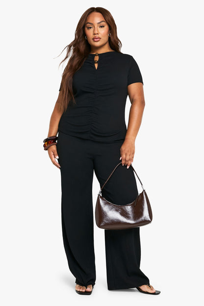 Plus Crinkle Button Sleeve Top