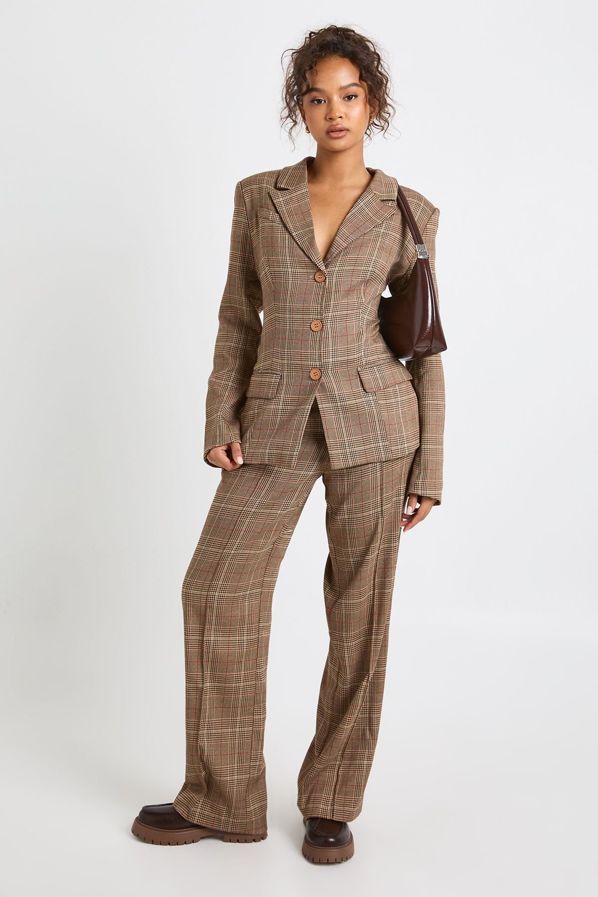 Check Seam Detail Straight Trousers