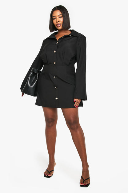Plus Gold Button Shift Shirt Dress
