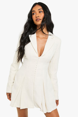 Boucle Tailored Hook & Eye Detail Cinched Waist Blazer dress