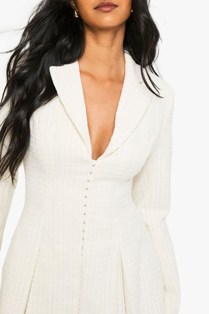 Boucle Tailored Hook & Eye Detail Cinched Waist Blazer dress