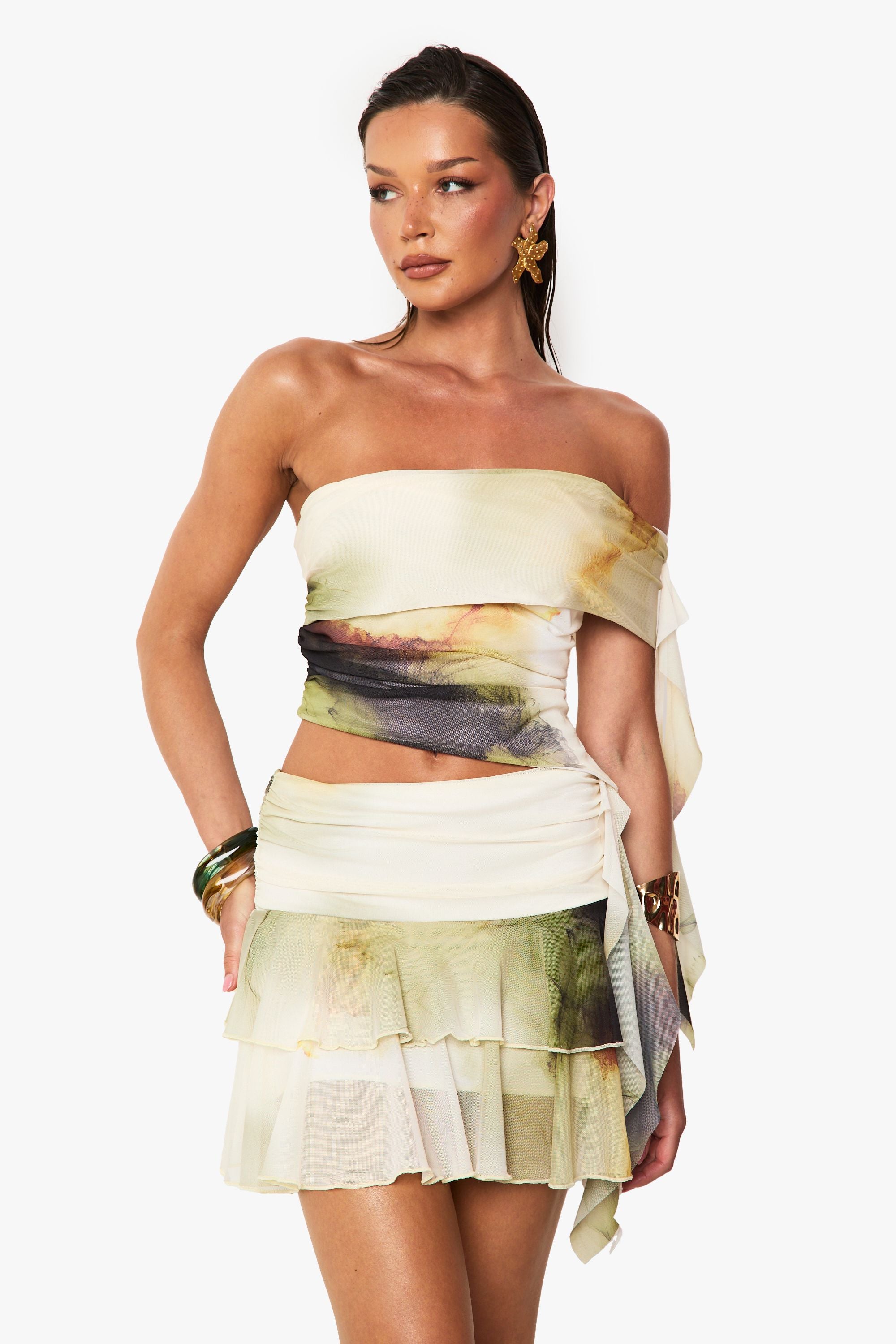 Printed Mesh Frill Hem Mini Skirt