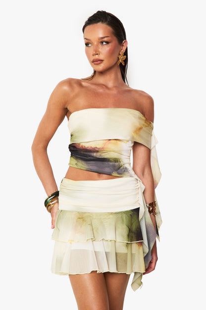 Printed Mesh Frill Hem Mini Skirt