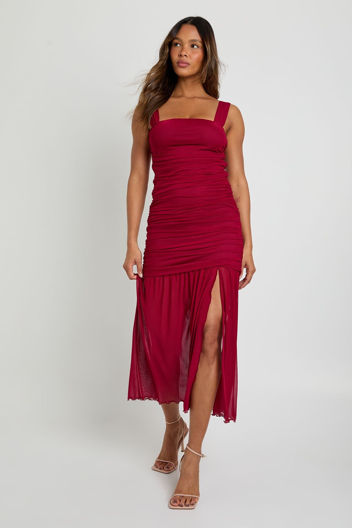 Mesh Square Neck Drop Waist Midaxi Dress