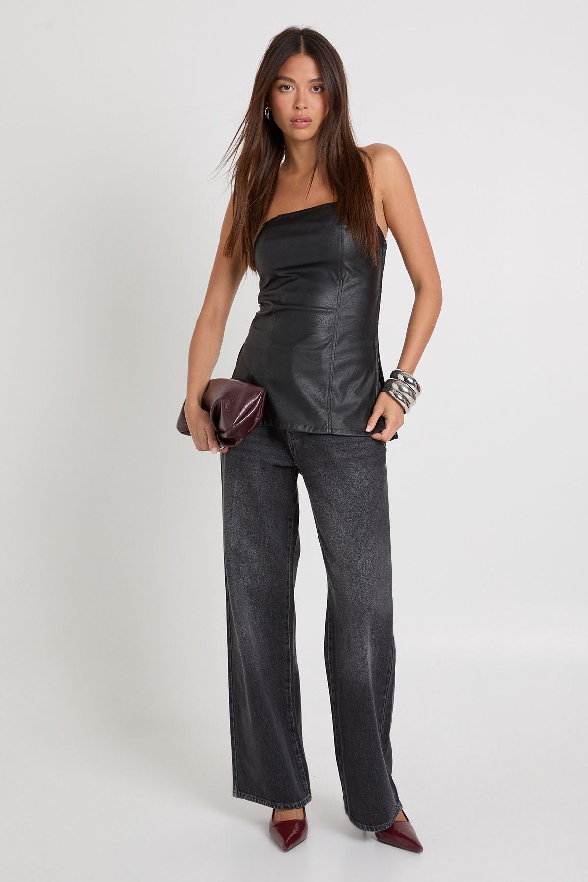 Faux Leather Split Hem Bandeau Top