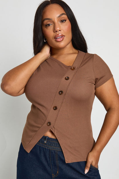 Plus Asymmetric Button Down Cap Sleeve Top