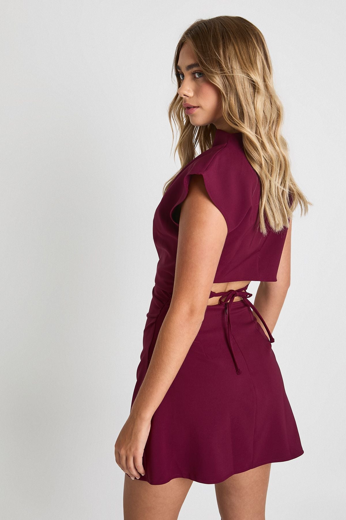 Ruched High Neck Cap Sleeve Shift Dress