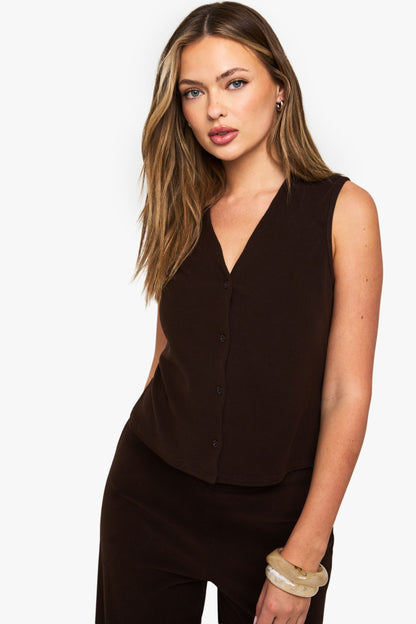 Brushed Micro Rib V Neck Button Through Waistcoat