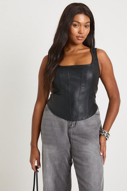 Plus Washed Faux Leather Dip Hem Corset Top
