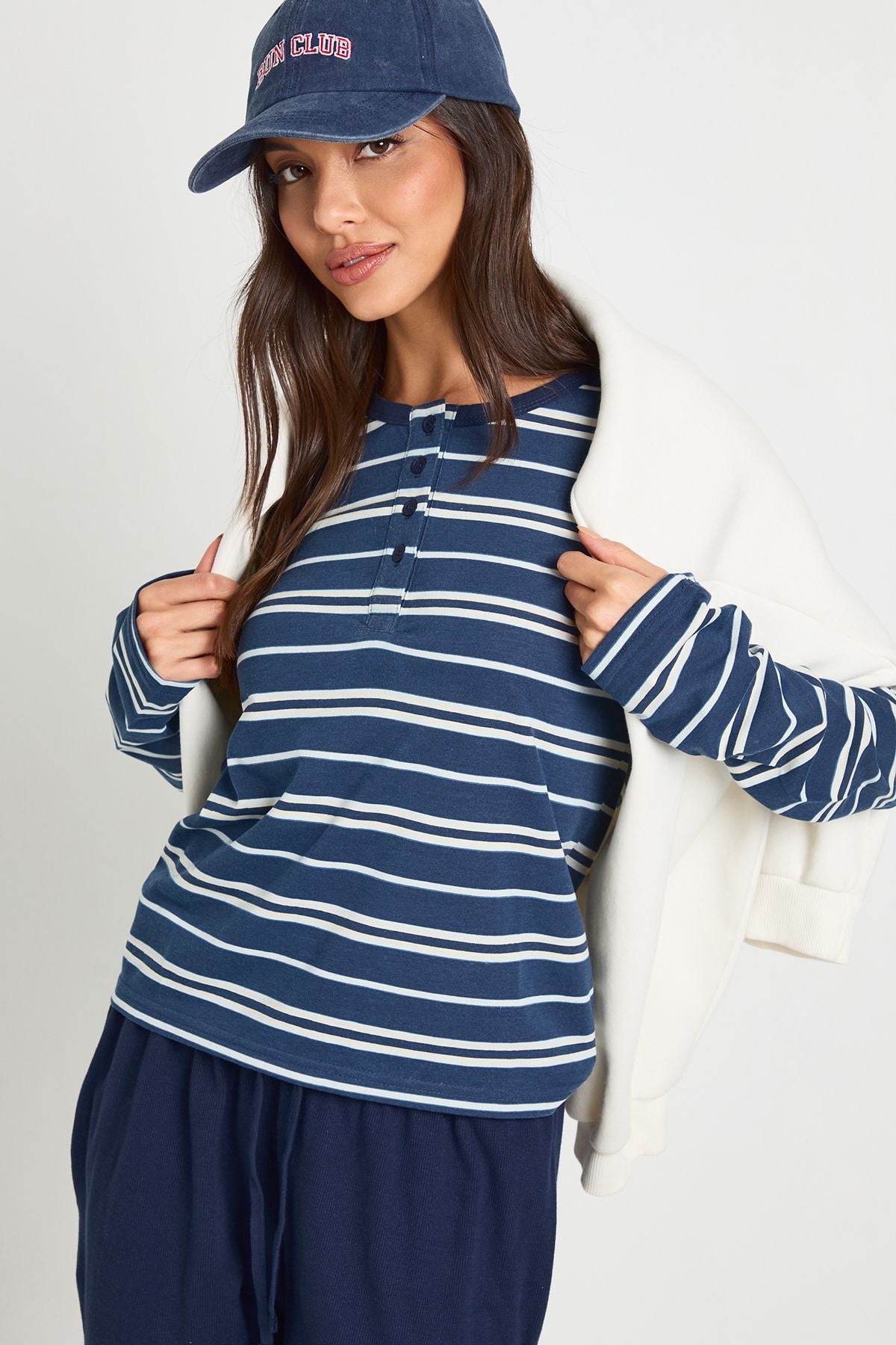 Striped Long Sleeve Henley Button Boxy Top
