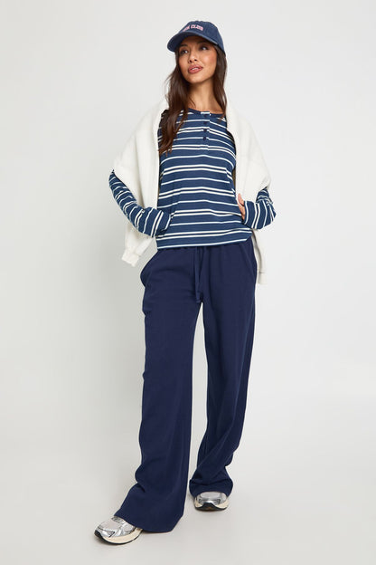 Striped Long Sleeve Henley Button Boxy Top