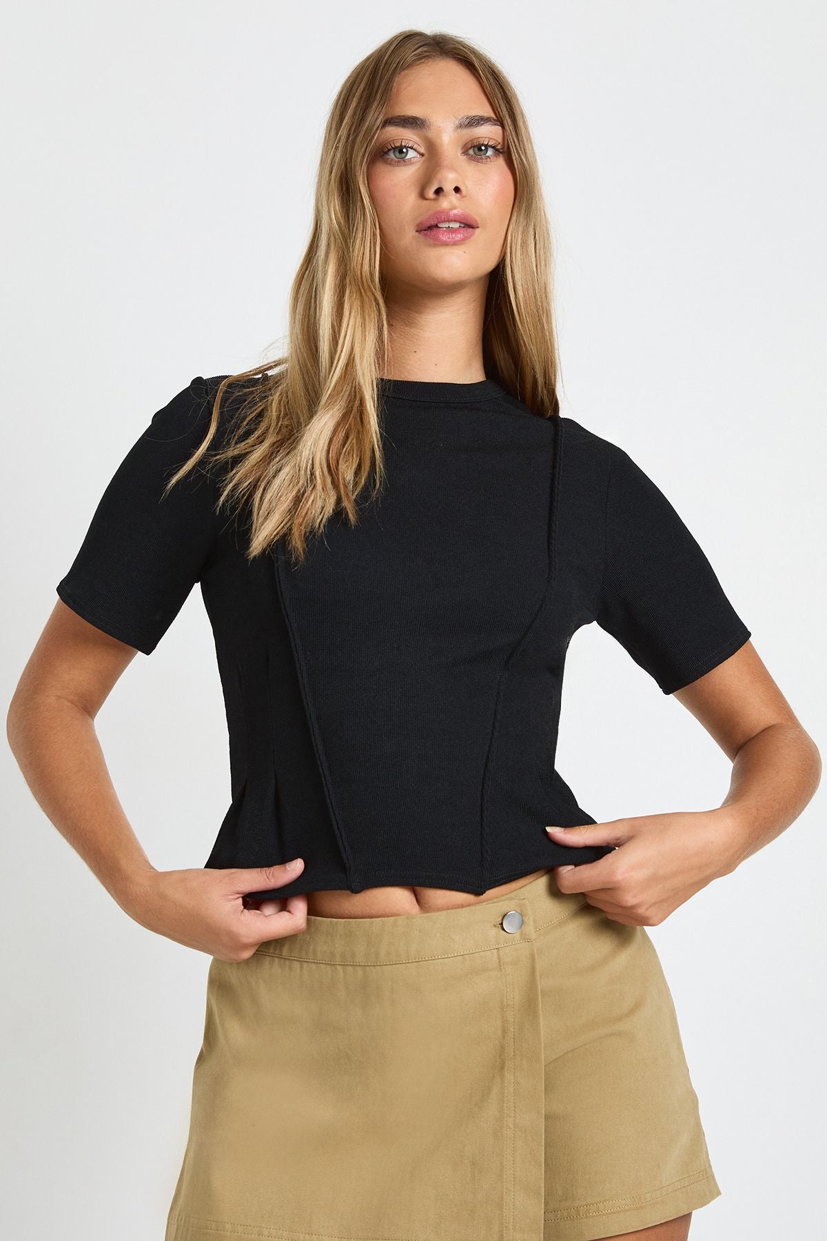 Rib Cinched Waist Seam Detail Fitted Top