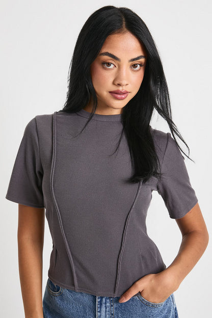 Rib Cinched Waist Seam Detail Fitted Top