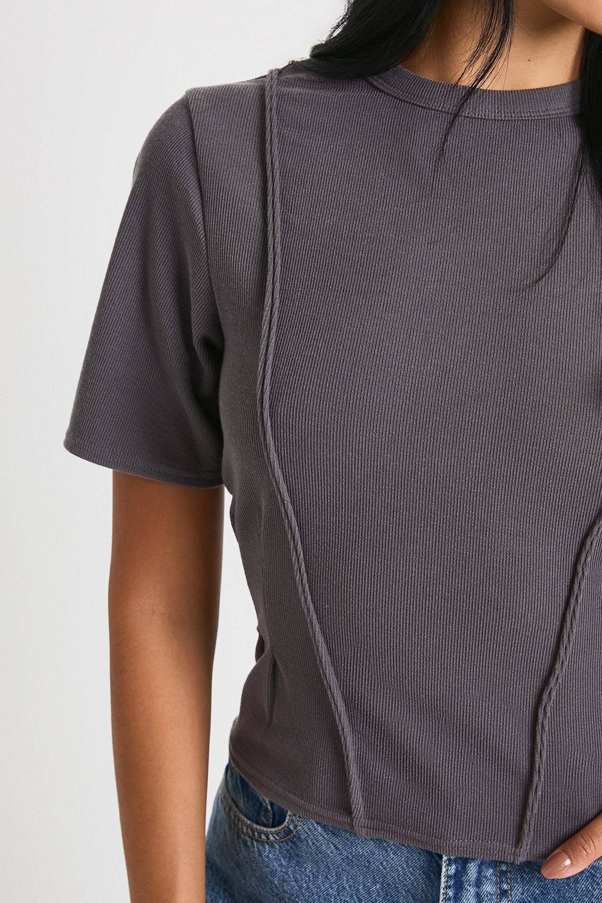 Rib Cinched Waist Seam Detail Fitted Top