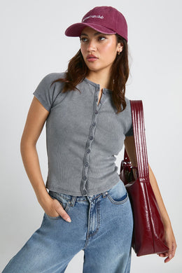 Acid Wash Button Through Cap Sleeve Top