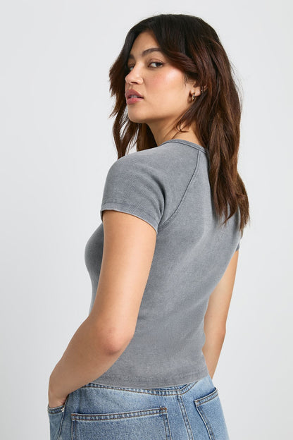 Acid Wash Button Through Cap Sleeve Top