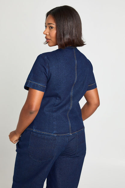 Plus Gold Button Short Sleeve Denim Top