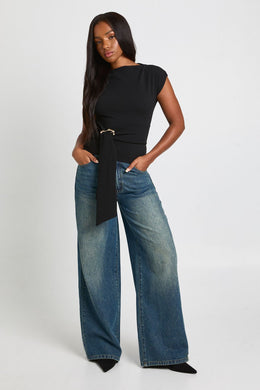 Crepe Grown On Neck Gold Trim Belt Detail Top