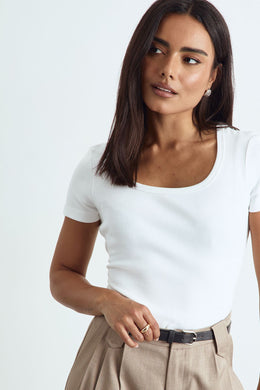 Basic Rib Scoop Neck Fitted Short Sleeve Top