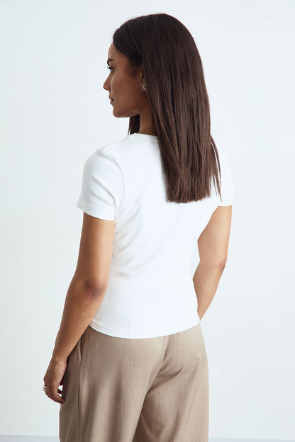 Basic Rib Scoop Neck Fitted Short Sleeve Top
