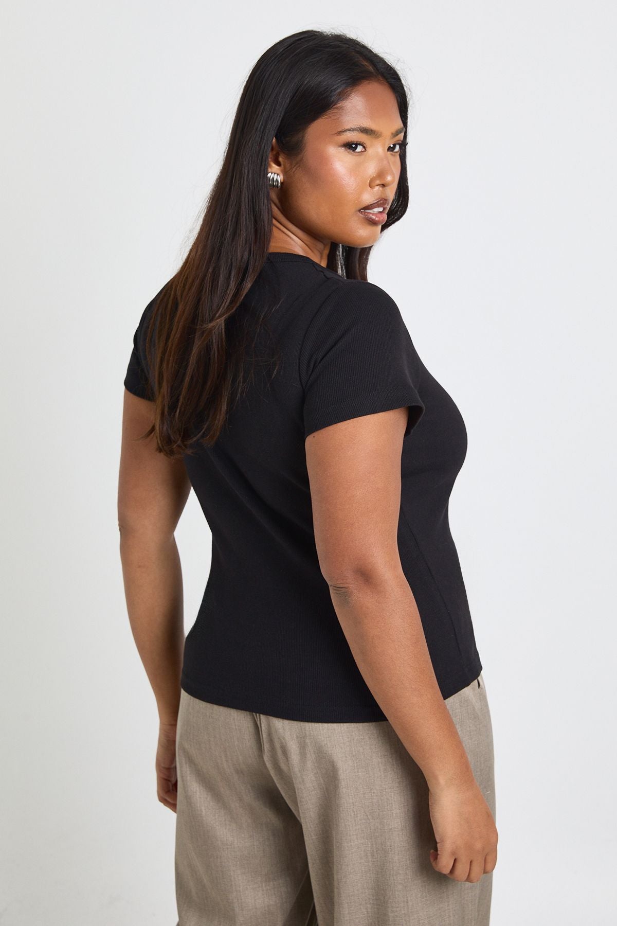 Plus Basic Rib Scoop Neck Fitted Short Sleeve Top