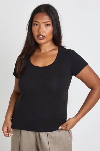 Plus Basic Rib Scoop Neck Fitted Short Sleeve Top