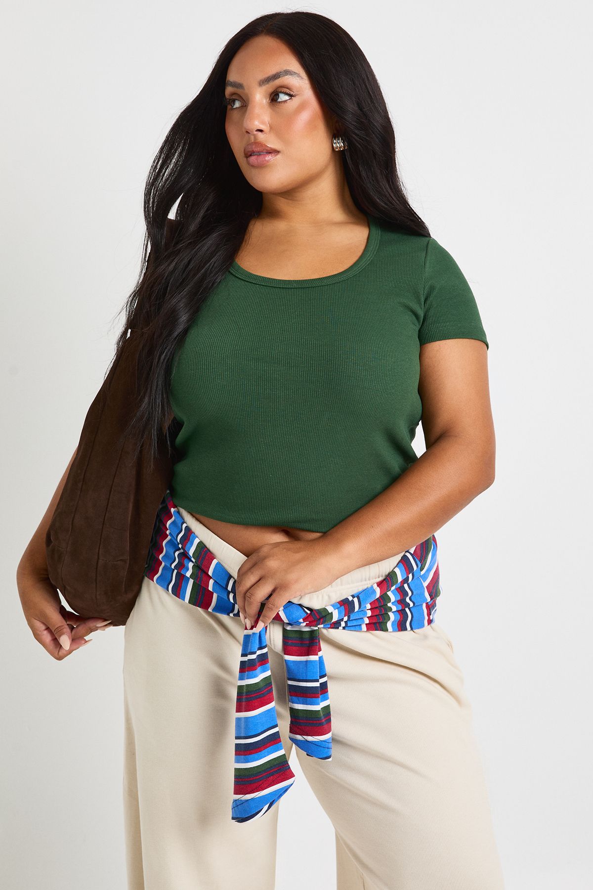 Plus Basic Rib Scoop Neck Fitted Short Sleeve Top