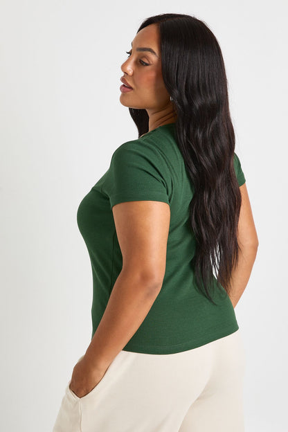 Plus Basic Rib Scoop Neck Fitted Short Sleeve Top