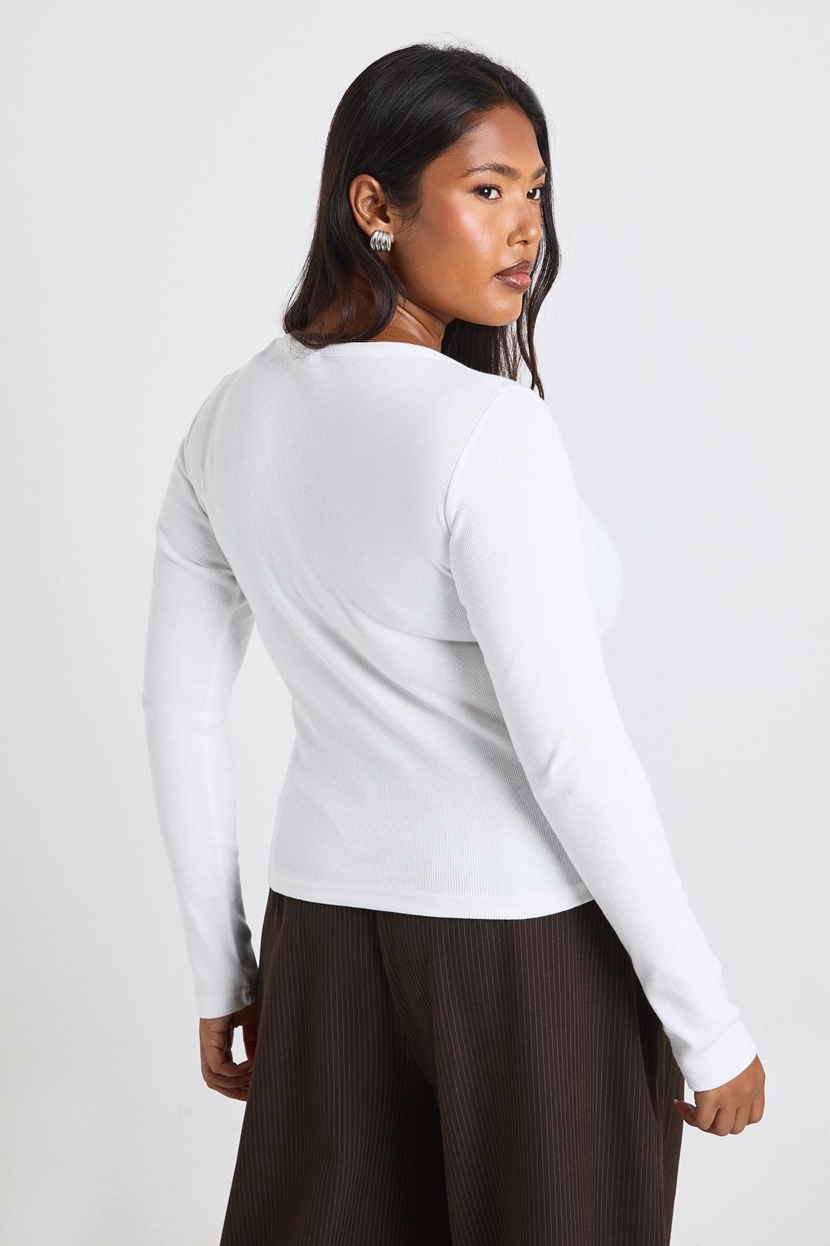Plus Basic Rib Scoop Neck Longline Long Sleeve Fitted Top