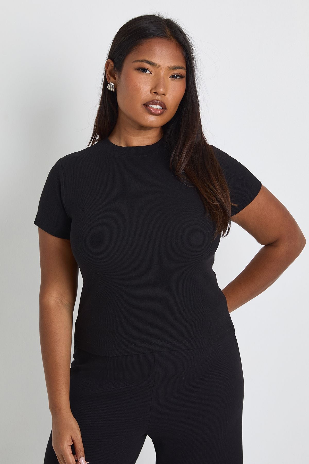 Plus Basic Rib Short Sleeve Longline Fitted Top