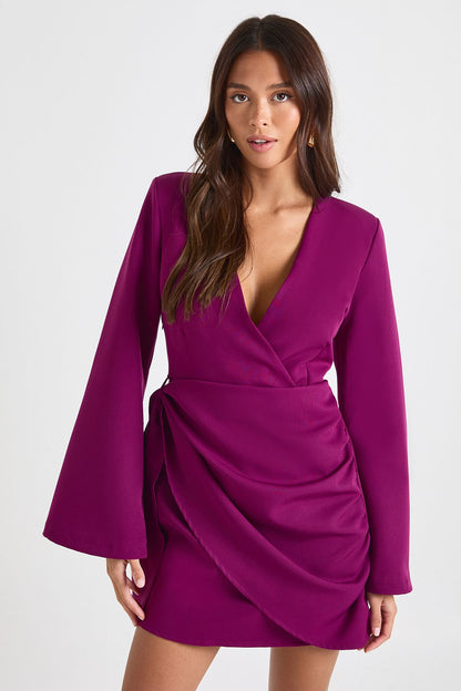 Tie Waist Collarless Draped Blazer Dress